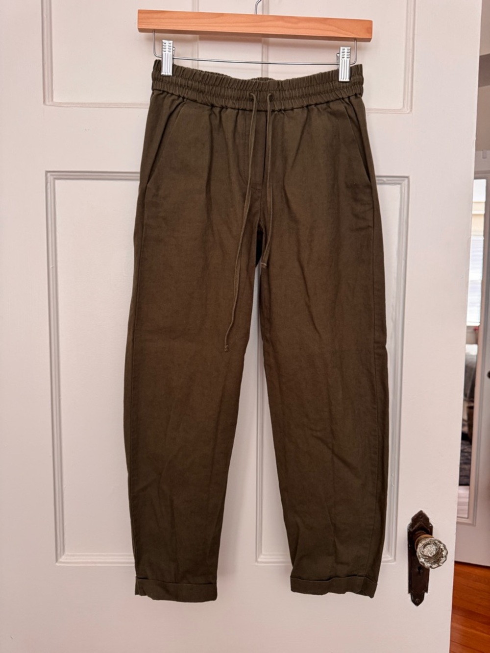 Olive Green Linen Casual Drawstring Pants